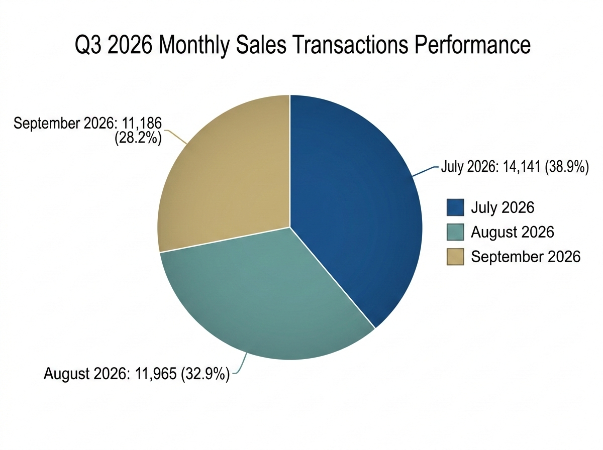 A pie chart representing the monthly sales transactions performance for Q3 2026. The slices represent July 2026 with 14,141 transactions (38.9%), August 2026 with 11,965 transactions (32.9%), and September 2026 with 11,186 transactions (28.2%). Legend clearly indicates each month with a distinct color.