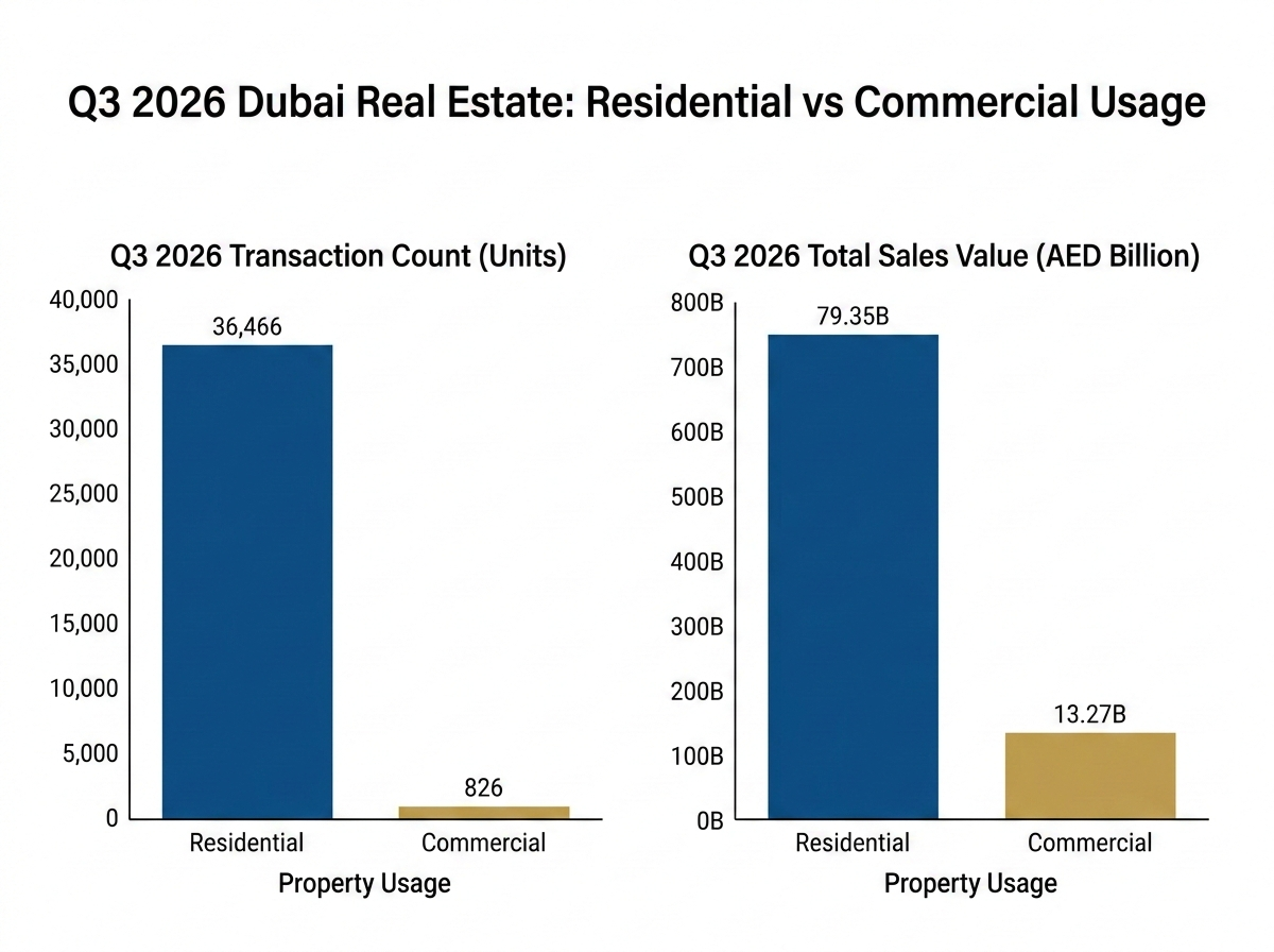 A bar chart comparing Residential vs Commercial Real Estate in Dubai for Q3 2026. The chart visually presents two categories: Residential (36,466 transactions, AED 79.35B sales value) and Commercial (826 transactions, AED 13.27B sales value), clearly illustrating the transaction count and total sales value for each usage type.